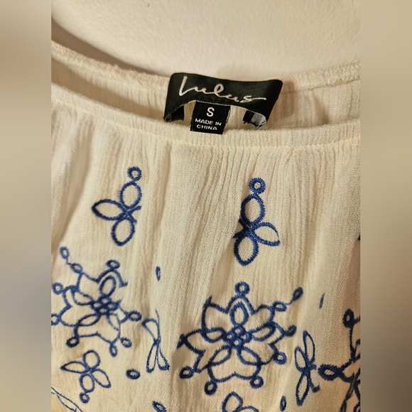 Blue and White Ruffle Embroidered Skater Dress. Brand: Lulus. Size: Small - Picture 5 of 5